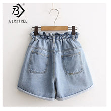 Load image into Gallery viewer, Plus Size 5XL 2019 Summer Women's Shorts Jeans High Waist With Pockets Blue Jeans Elastic Waist Loose Turn-down Trousers B85104X
